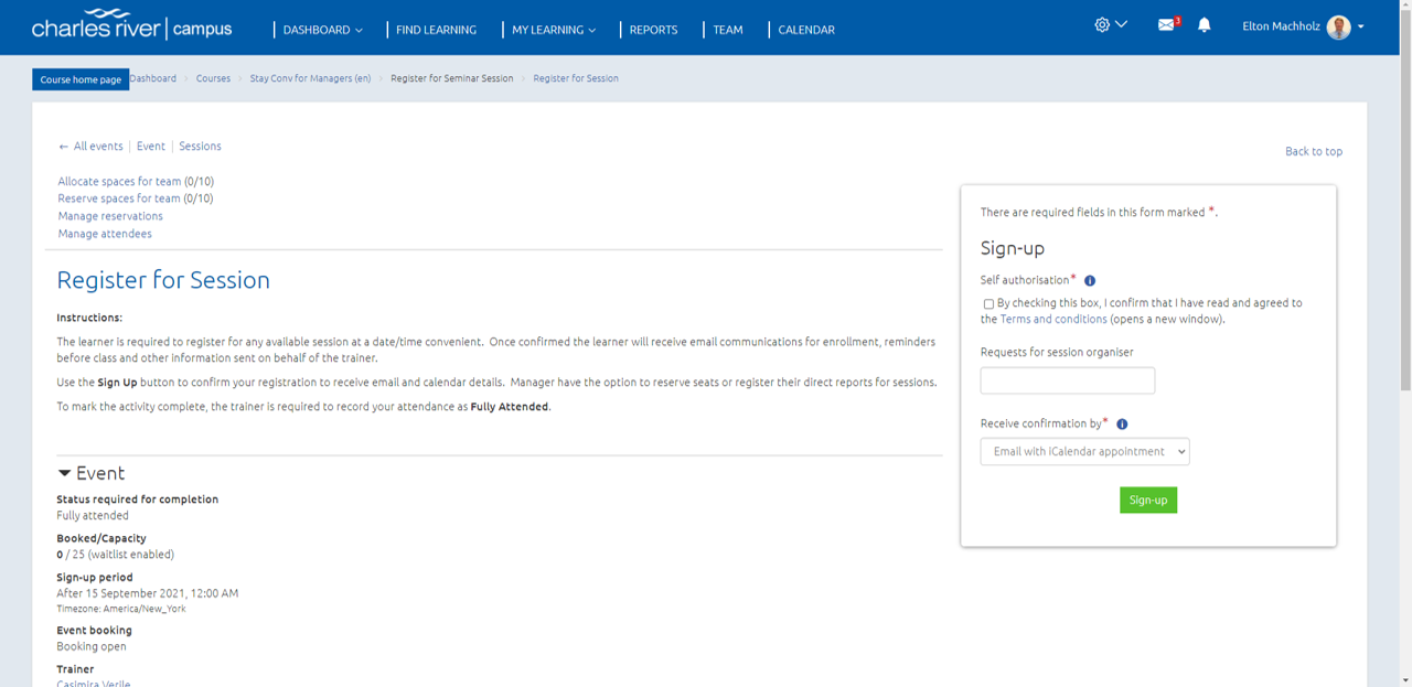 Seminar Registration Panel